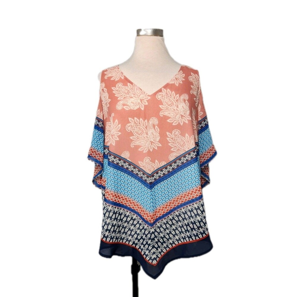 DR2 Cold Shoulder Blouse Womens M Boho-Style V-Neck Handkerchief Paisley Peasant